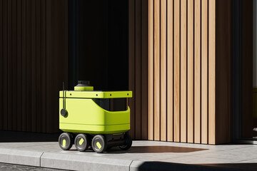 Delivery bot service on city road, modern technology for logistics. Empty wall