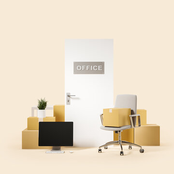 Cardboard boxes and office door with armchair, moving
