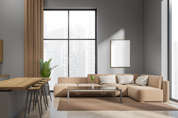 Chill interior with couch and bar countertop, panoramic window and mockup frame