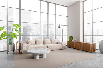 Light lounge interior with sofa and coffee table, panoramic window