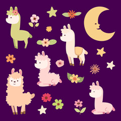 vector illustration of llama collection and night moon in cute cartoon style
