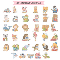 cute cartoon student animal holding pencil and paper, back to school
