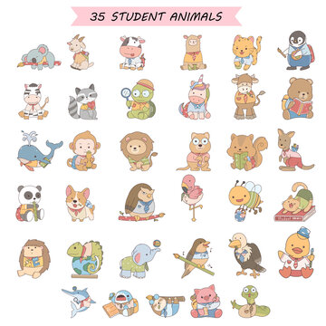 cute cartoon student animal holding pencil and paper, back to school