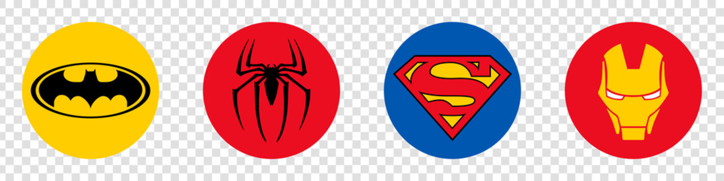 Superhero icons: Batman, Spiderman, Superman and Iron Man. Marvel and DC characters. Vector. VINNYTSIA, UKRAINE - JUNE 30, 2022