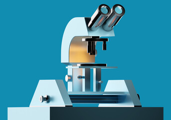 Microscope for doctor. Laboratory microscope. Minimalistic style. Equipment for doctor scientist. Device for studying analysis. Doctor's microscope on turquoise. Laboratory equipment. 3d rendering.