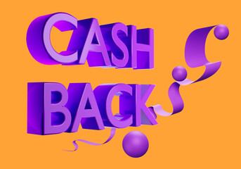 Cash back header on orange. Purple cash back words. Ads promotion logo. Concept refund after purchase. Cash back promotion while shopping. Money gift after purchase. 3d rendering.