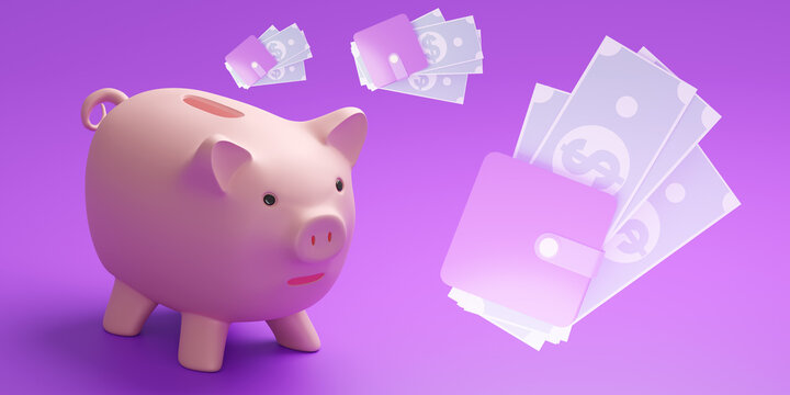 Piggy bank for coins. Saving money. Concept creation of financial airbag. Wallet with banknotes. Piggy bank on pink. Metaphor of banking deposit. Financial savings. Cartoon style. 3d rendering.