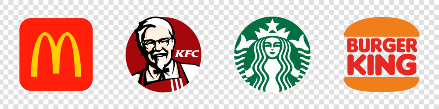 McDonalds, KFC, Starbucks, Burger King logos. Popular chains of fast food restaurants. Vector. VINNYTSIA, UKRAINE - JUNE 18, 2022