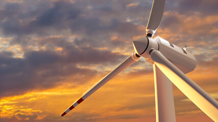 Wind power generator. Advanced methods of generating electricity. Wind turbine before sunset....
