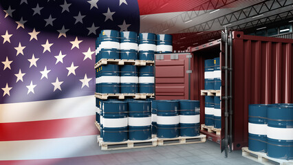 USA fuel industry. Barrels for crude oil in sea container. USA fuel logistics concept. Barrels of oil in front American flag. Oil industry of United States of America. Fuel for export. 3d rendering