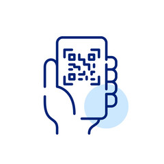 Hand holding a smartphone scanning qr code. Pixel perfect, editable stroke line art icon