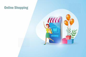 Woman online shopping on smartphone app with Shopping bag and carton box. Template, banner, poster for promotion in online store and e commerce.