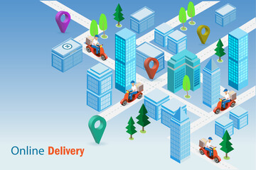 Online delivery service. Delivery man riding scooter in 3D city  building map deliver shipment or foods to customer. Online shopping, e commerce marketing and order delivery concept.