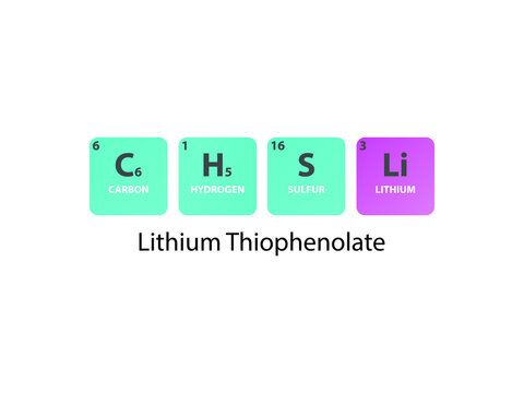 C6H5SLi Lithium Thiophenolate molecule. Simple molecular formula consisting of  Carbon, Hydrogen, Sulfur, Lithium elements. Chemical compound simplified structure.