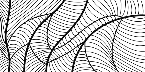 Artistic illustration in black and white, hand drawn stripes. Lines resemble leaves on a white background