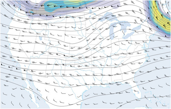 Imaginary map of North America with wind direction and speed symbols