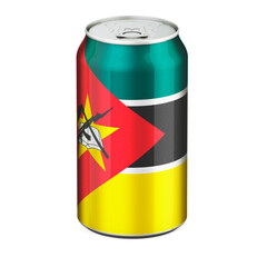 Mozambican flag painted on the drink metallic can. 3D rendering