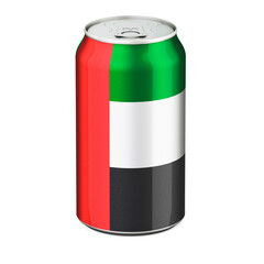 The United Arab Emirates flag painted on the drink metallic can. 3D rendering