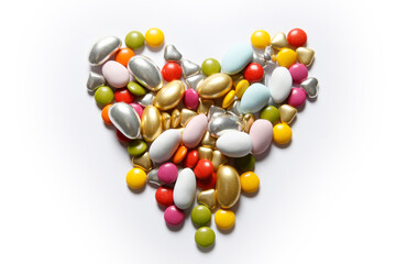 Colorful candies on a white background. Heart shape