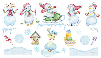 Snowmen, snowmobile, snowflakes, crystals. Watercolor winter set, elements, in cartoon style, on an isolated background.