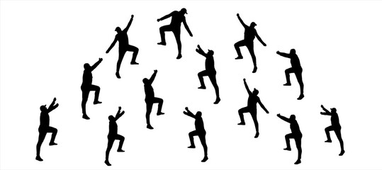 The guy climbs up and makes efforts when lifting. A group of climbers climbs the summit. A young guy of a large build, in a tracksuit and a cap. Male black silhouettes isolated on white background