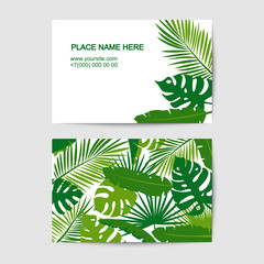 visit card vector template with palm tropical leaves pattern