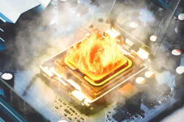 Flames ignite the computer processors on the motherboard and smoke