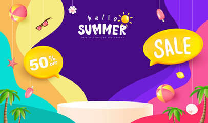 Summer sale poster banner template with product display cylindrical shape and beach background