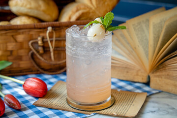 Refreshing Lychee Soda Drink with Lychee Fruit and Mint
