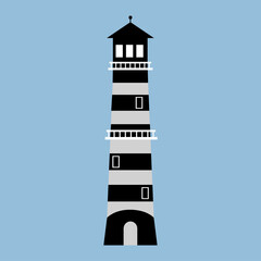 Lighthouse navigation object tower, template vector illustration isolated on blue background. Beacon or flashing beacon.