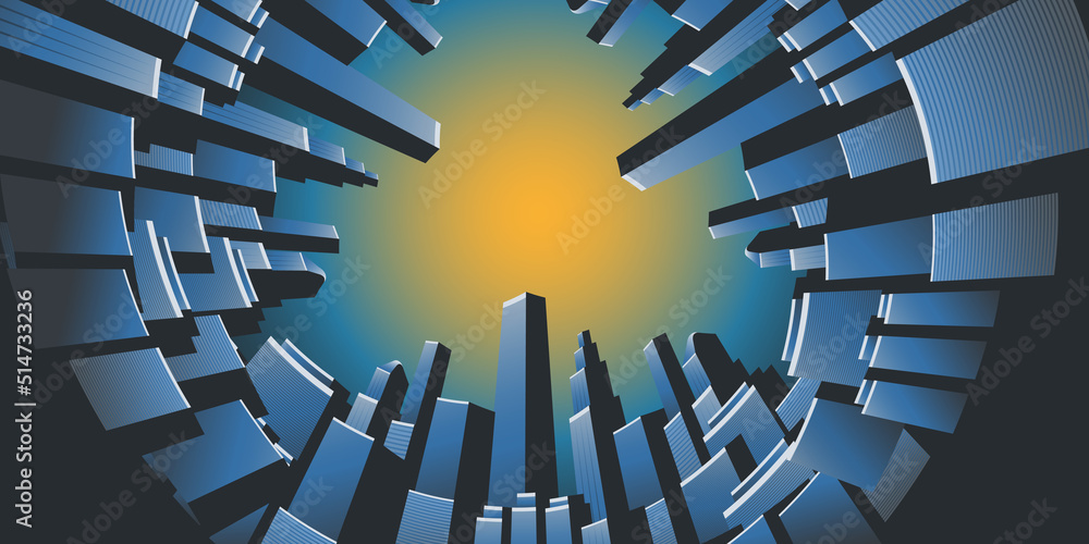 Poster looking up to the sky from the ground- perspective view of towering skyscrapers from below - three d