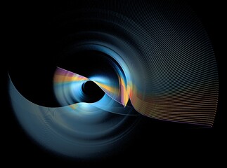 Blue, with yellow and purple inserts, striped curved elements rotate on a black background. Icon, logo, symbol, sign. 3d rendering. 3d illustration. © Svetlana