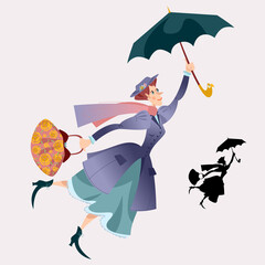 A woman in a retro suit, with a large bag in her hand flying with an umbrella