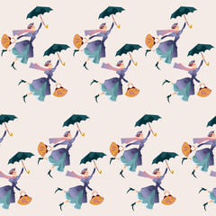A woman in a retro suit, with a large bag in her hand flying with an umbrella. Seamless background pattern