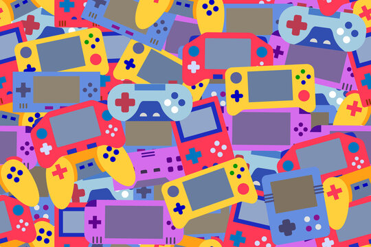 Seamless, repeating pattern with game devices. Yellow, red, blue, purple handheld consoles and remote, wireless video game controllers, colorful seamless pattern.