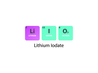 LiIO3 Lithium Iodate molecule. Simple molecular formula consisting of  Lithium, Iodine, Oxygen elements. Chemical compound simplified structure.