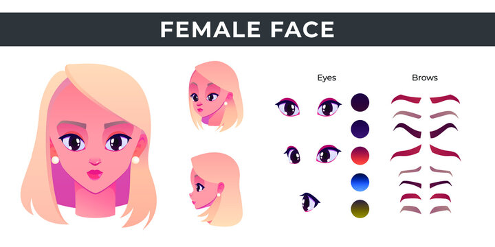 Women face constructor elements with different colors and forms of eyes brows, eyes  female character 
