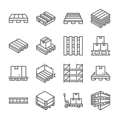 Pallet icons set. Storage pallets for companies and industrial production, storage systems. Line with editable stroke