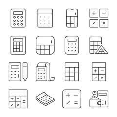 Calculator icons set. Calculators of various shapes, linear icon collection. Line with editable stroke. Line with editable stroke