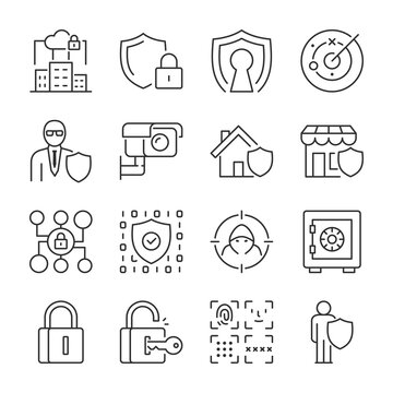 Security And Protection System Icons Set. Digital Safety And Control, Linear Icon Collection. Line With Editable Stroke