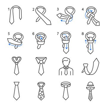 How to Tie a Tie, necktie icons set. Guide, training, instruction, successive stages icon. Line with editable stroke