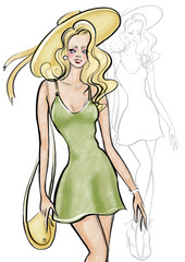 fashion illustration close-up portrait of a girl style summer beach wearing a hat olive dress contour sketch in the background design element