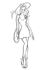 sketch illustration woman full length pose fashion style summer look trends hat mini dress bag
