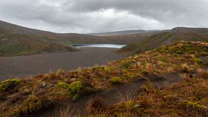Lower Tama lake in the mist, Tongariro National Park.