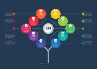 Business info graphics concept with 10 active options. tree. Template of diagram or brochure on dark background. Information chart or infographic of technology or education process with ten steps.