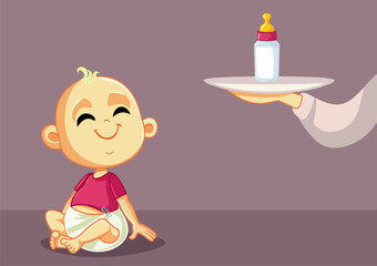 Baby Receiving a Bottle of Milk Vector Cartoon Illustration - Hungry infant asking for fresh formula in a restaurant
