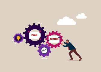 Businessman spin the cogs or gear to drive action plans. Business action plans, strategies or goals to drive the organization or target audience.