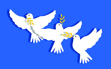 Dove of peace white with a branch against the blue sky. Horizontal poster World of Ukraine in paper art style. vector