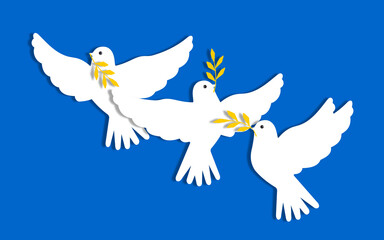 Dove of peace white with a branch against the blue sky. Horizontal poster World of Ukraine in paper art style.