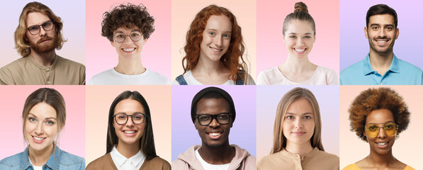 Diversity collage of portraits and faces of diverse group of young people for profile picture